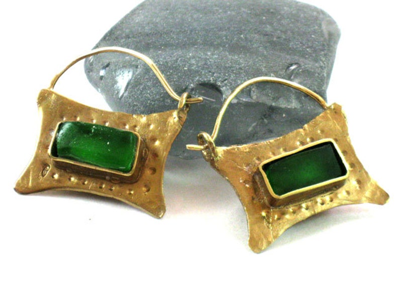 Green Glass Earrings, Gold Sea Glass Hoops, Rustic Handmade, Sea Glass Jewelry, Artisan Earrings, Gift for Her image 4