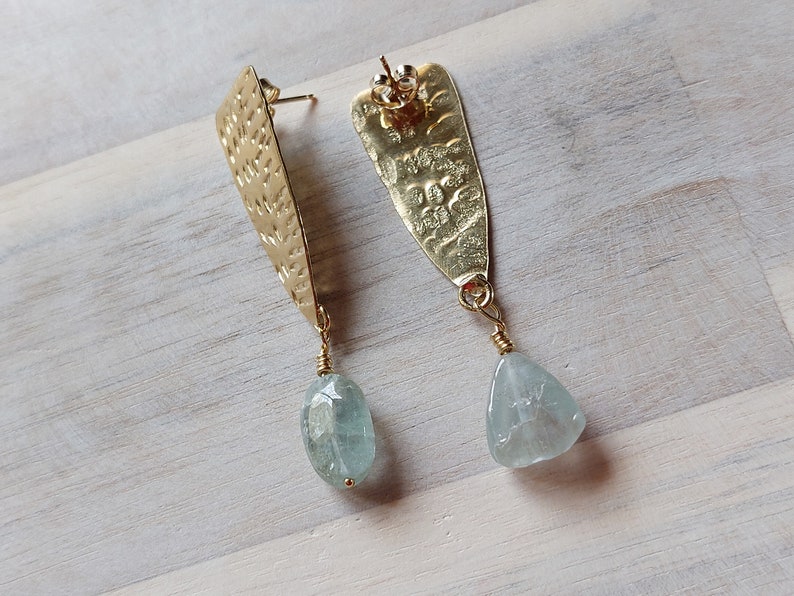 Aquamarine Earrings, Gold and Aquamarine, 18K Gold Vermeil, Statement Handmade, Gold Stud Earrings, March Jewelry, Hammered Jewelry. image 6