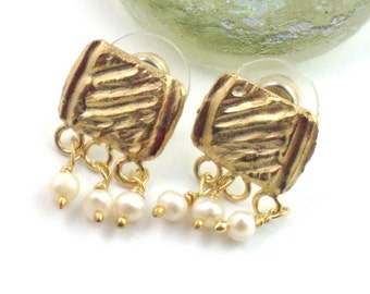 Pearl Gold Earrings, Stud Dangles, Gold Vermeil Earrings, Bridal Gold Pearl, Handmade Earrings,  Pearly Dangles, Wedding Earrings, Gift4her