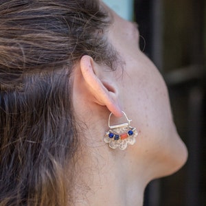 Handmade Sterling Silver Beaded Hoop Earrings: Lapis Lazuli & Coral