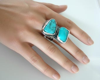 Handmade Two Stone Turquoise Ring: Chunky Sterling Silver Boho Statement