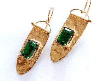 Gold Emerald Earrings, Long Emerald Dangle, 18K Gold Vermeil, Handmade Earrings, May Birthstone, Birthday Earrings, Vibrant Green Earrings