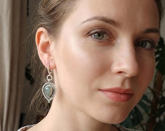 Aqua Aventurine  Sterling Silver Teardrop Earrings: Oxidized Boho Dangles