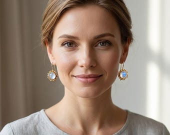 Handmade 18K Gold Moonstone Dangle Earrings, Handcrafted Jewelry, Gemsone Drops, June Birthsone Earrings