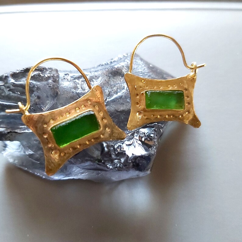 Green Glass Earrings, Gold Sea Glass Hoops, Rustic Handmade, Sea Glass Jewelry, Artisan Earrings, Gift for Her image 2