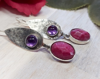 Silver Stone Dangles , Amethyst Silver Earrings, Ruby Silver Earrings, Amethyst Ruby, Teardrop Dangles, Sterling and Stones, Artisan Silver