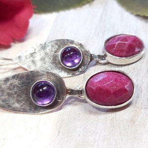 Handmade Sterling Silver Ruby Amethyst Dangle Earrings