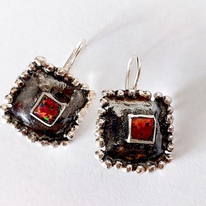 Sterling Silver Red Opal Dangle Earrings: Hammered Square Stone