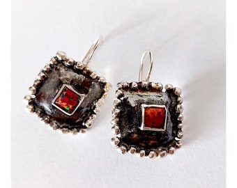 Opal Dangles, Hook Stone Earrings, Silver Stone Dangles, Silver Earrings, Sterling Silver, Square Earrings Stone, Red Earrings, Gift for Mom