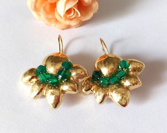 Green Gold Earrings, Flower Gold Dangles, Earrings with Onyx, Gold Onyx Earrings, Floral Gold Earrings, Hammered with Stones, Rare Design