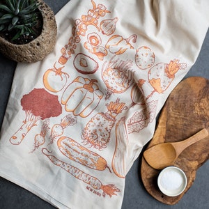Tea Towel Vegetables screen print kitchen towel ORANGE