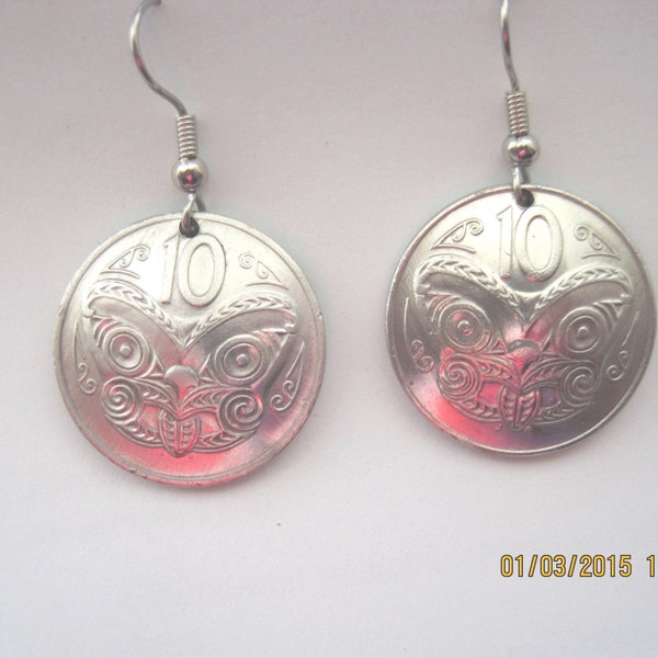 New Zealand Maori mask coin earrings-handmade in the USA-free shipping