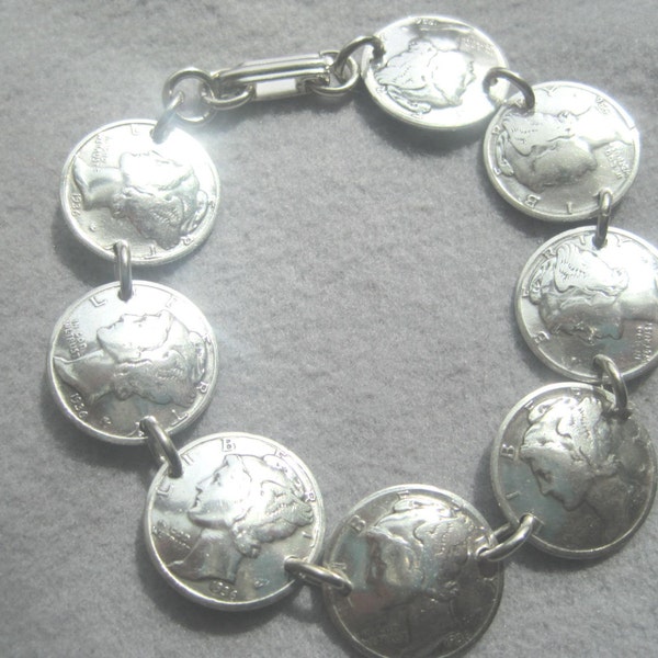 Silver Mercury Dime bracelet-drilled side-by-side-nicely domed-free shipping