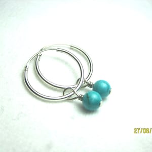 Sterling silver 21mm endless hoop earrings with 6mm turquoise dangle- free shipping