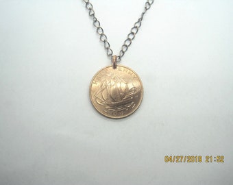 Antique British Half Penny ship coin necklace