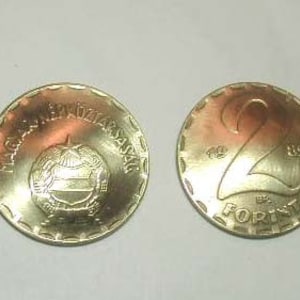 May include: Two gold-colored Hungarian coins. One coin features an emblem and text, the other displays the number "2" and the word "FORINT". Both coins have a ridged edge and are set against a light background.