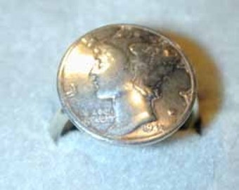 Antique Mercury Dime ring- adjustable-free shipping