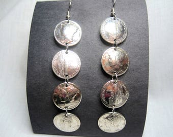 silver Mercury dime quadruple earrings-long-elegant