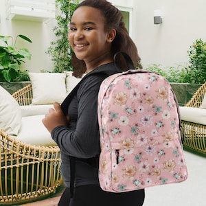 Blush Pink Floral Backpack with Laptop Pocket – Romantic Cottagecore School Bag with Vintage Blooms