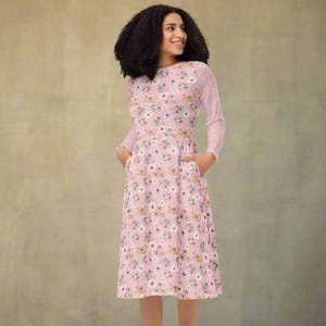 Pink Floral Long Sleeve Midi Dress with Pockets 2XS-6XL | Cottagecore Fashion Apparel