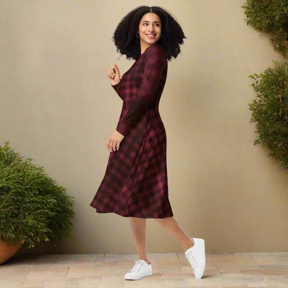 Midi Dress | Burgundy Buffalo Plaid | Skater Dress With Pockets | Mellywear  Apparel - Etsy Canada