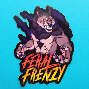 May include: A black and purple werewolf with yellow eyes snarls with its claws out. The text "FERAL FRENZY" is written in red, orange, and yellow on a black background.