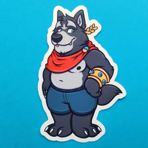 May include: A cartoon wolf wearing a red and gold scarf, blue shorts, and a gold bracelet with blue gems. The wolf has a friendly expression and is standing with its right paw on its hip.