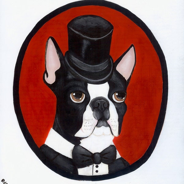 Portrait of a Boston Terrier Dog Original Folk Art Painting
