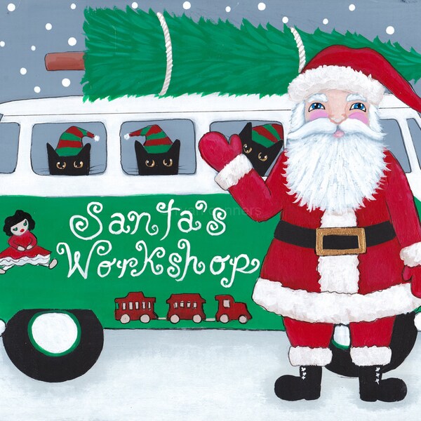 Santa's Bus Christmas CATS Original Folk Art Painting