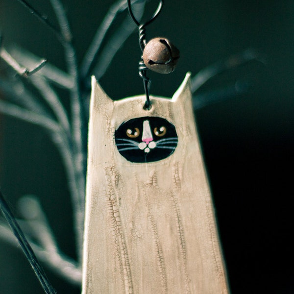 Ghostly Cat Halloween Clay Folk Art Ornament