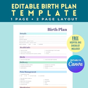 Modelo de Plano de Parto Editável, Preferências de Parto, Planejador de Gravidez, Lista de Verificação Visual, Modelo Canva, Imprimível, Download Digital Instantâneo