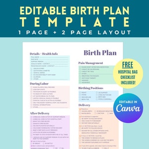 Modelo de Plano de Parto Editável, Preferências de Parto, Planejador de Gravidez, Lista de Verificação Visual, Modelo Canva, Imprimível, Download Digital Instantâneo