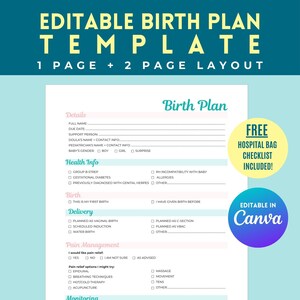 Modelo de Plano de Parto Editável, Preferências de Parto, Planejador de Gravidez, Lista de Verificação Visual, Modelo Canva, Imprimível, Download Digital Instantâneo