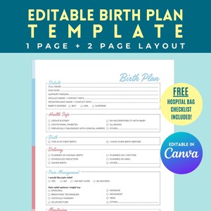 Modelo de Plano de Parto Editável, Preferências de Parto, Planejador de Gravidez, Lista de Verificação Visual, Modelo Canva, Imprimível, Download Digital Instantâneo