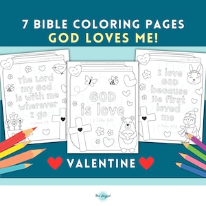 Valentine&#39;s Day Bible Verse Children Coloring Pages, Homeschool & Church Sheets with Scriptures on God&#39;s love, Sunday School Kids Activity