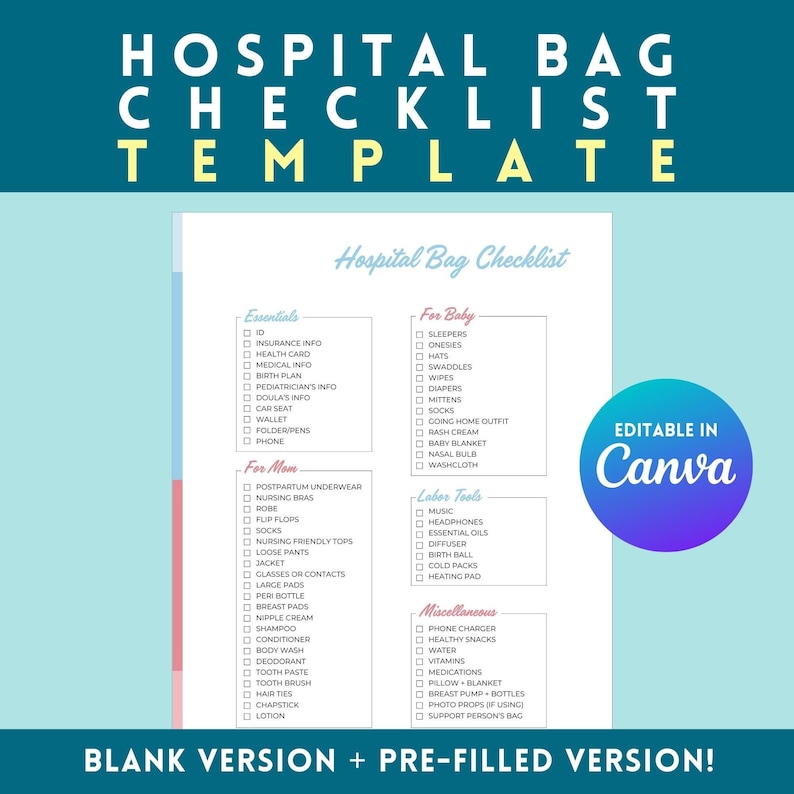 Editable Hospital Bag Checklist Template for Labor and Delivery