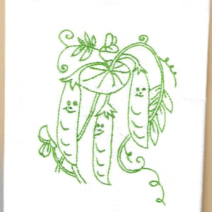 Vintage style tea towel hand embroidered with animated peas