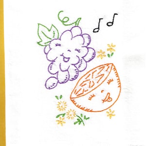 Vintage style tea towel hand embroidered with singing fruit