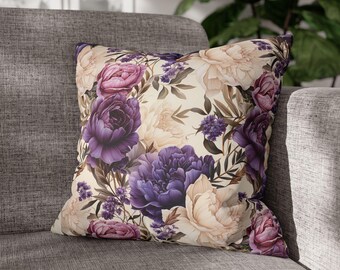 Funda de almohada de rosas moradas, cuadrada de gamuza sintética, con rosas bonitas y femeninas en tonos morados, ideal para cojines decorativos.