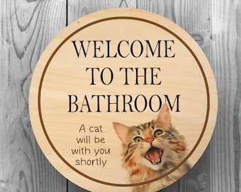 Playful Cat Bathroom Sign, Rustic Wood Decor, Funny Cat Sign, Home Bathroom Decor, Pet Lovers Gift, Cat Themed Wall Art