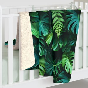Tropical Leaves Sherpa Fleece-Backed Blanket, Cozy Throw in Two Sizes, Dark and Moody Monstera Leaf Pattern Blanket for Sofa or Bed image 3
