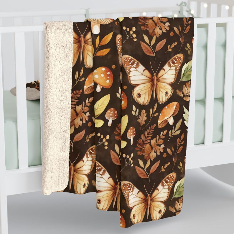Mushroom and Butterfly Sherpa Style Fleece-Backed Plush Blanket, Cozy Cottage Core Throw, Forest Mushrooms on a Soft Cuddly Indoor Blanket image 4