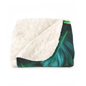 Tropical Leaves Sherpa Fleece-Backed Blanket, Cozy Throw in Two Sizes, Dark and Moody Monstera Leaf Pattern Blanket for Sofa or Bed image 2