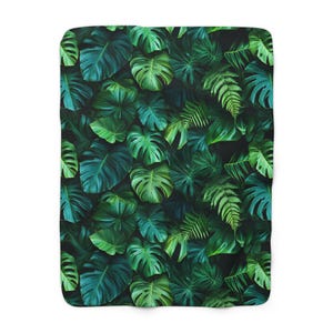 Tropical Leaves Sherpa Fleece-Backed Blanket, Cozy Throw in Two Sizes, Dark and Moody Monstera Leaf Pattern Blanket for Sofa or Bed image 5