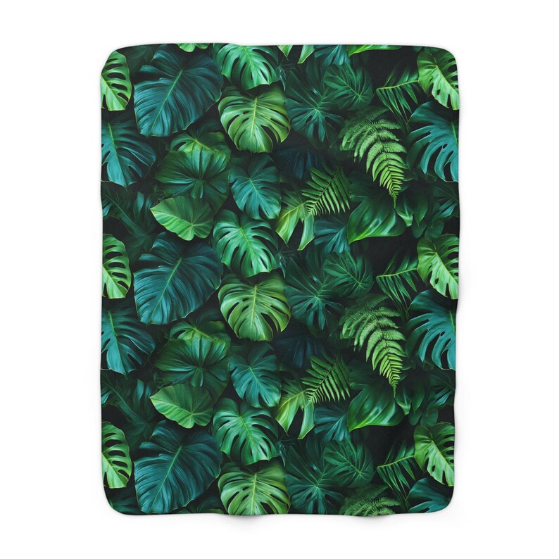 Tropical Leaves Sherpa Fleece-Backed Blanket, Cozy Throw in Two Sizes, Dark and Moody Monstera Leaf Pattern Blanket for Sofa or Bed image 5