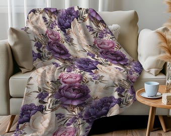 Purple Roses Velveteen Plush Blanket, Cozy Throw for Home Decor, Cuddly Indoor Blanket