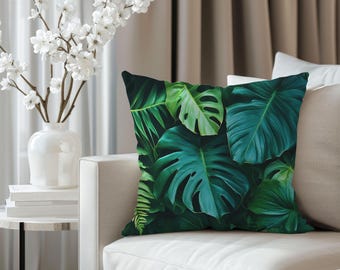 Tropical Leaf Pillow, Faux Suede Square Pillow, Monstera Leaves on Dark, Fresh and Stylish Leaf-Patterned Throw Pillow