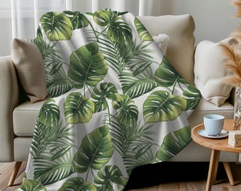 Tropical Leaves Velveteen Plush Blanket, Cozy Throw for Home Decor in Three Sizes, Fresh and Summery Leaf Pattern Blanket for Sofa or Bed