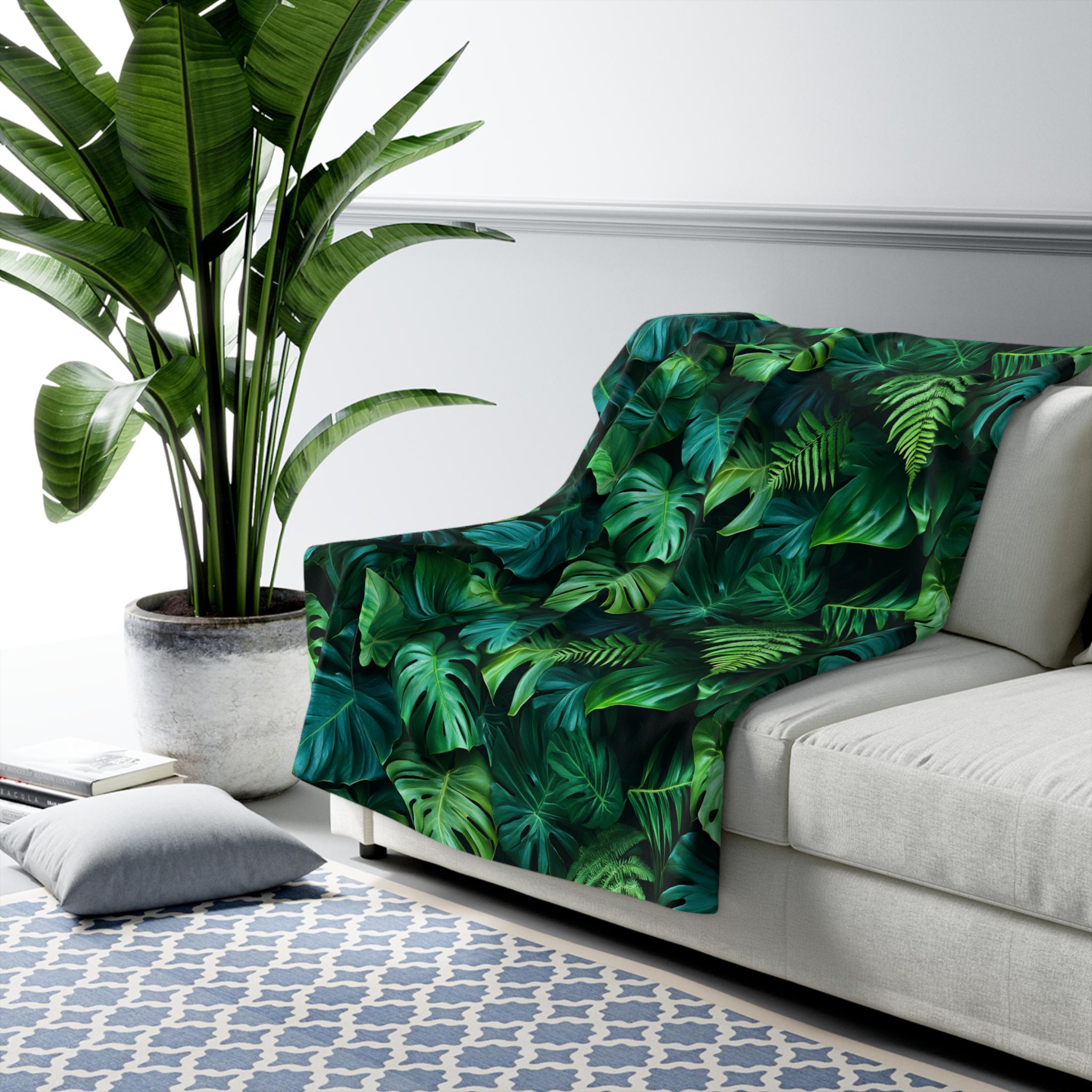 Tropical Leaves Sherpa Fleece-Backed Blanket, Cozy Throw in Two Sizes, Dark and Moody Monstera Leaf Pattern Blanket for Sofa or Bed image 1