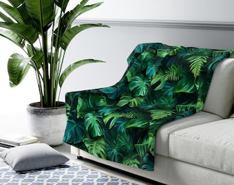 Tropical Leaves Sherpa Fleece-Backed Blanket, Cozy Throw in Two Sizes, Dark and Moody Monstera Leaf Pattern Blanket for Sofa or Bed